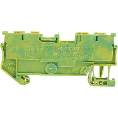 Phoenix Contact PT 1.5/S-QUATTRO-PE Series Green/Yellow Earth Terminal Block, 0.14 → 1.5mm², Single-Level, Push
