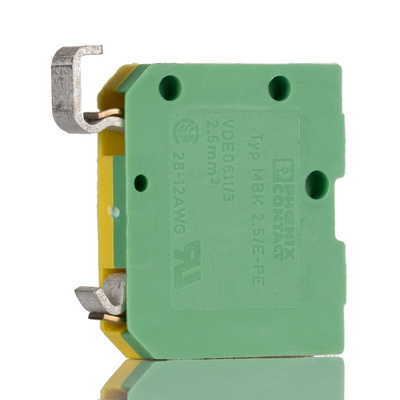 Phoenix Contact MBK 2.5/E-PE Series Green/Yellow Earth Terminal Block, 2.5mm², Single-Level, Screw Termination