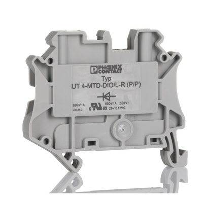 Phoenix Contact UT 4-DIO/L-R Series Grey Feed Through Terminal Block, 4mm², Single-Level, Screw Termination