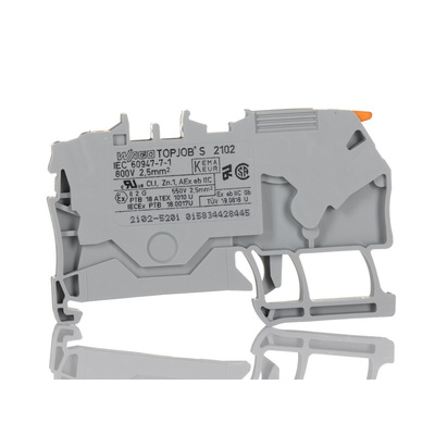 Wago TOPJOB S, 2102 Series Grey Feed Through Terminal Block, 2.5mm², Single-Level, Push-In Cage Clamp Termination,