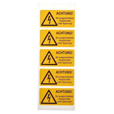 Idento Self-Adhesive ACHTUNG! Bei ausgeschaltetem Hauptschalter unter Spannung Hazard Warning Sign (German)