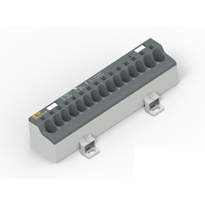 Distribution Block, 15 Way, 1.5 → 25mm², 85A, 1 kV, Black, Grey