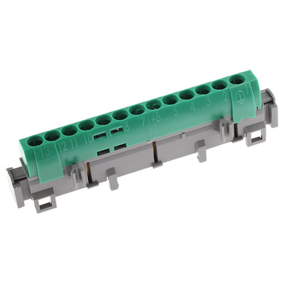 Legrand Distribution Block, 13 Way, 1.5 → 16 mm², 6 → 25 mm², 100A, 400 V ac, Green