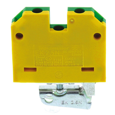 Weidmuller 2-Way EK 2.5 Earth Terminal Block, 2.5mm², 26 → 12 AWG Wire, Screw Down, Nylon Housing, ATEX