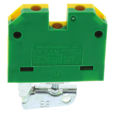 Weidmuller 2-Way EK 2.5 Earth Terminal Block, 2.5mm², 26 → 12 AWG Wire, Screw Down, Nylon Housing, ATEX