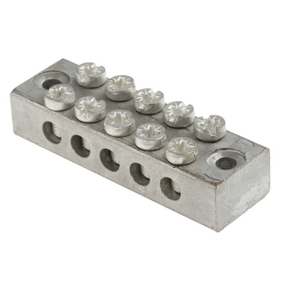 RS PRO 5-Way Double Screw Earth Terminal Block, 0 to 16mm², 0 → 16 AWG Wire, Screw Down, Brass Housing