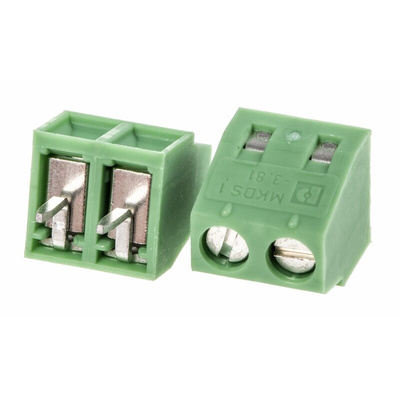 Phoenix Contact MKDS 1/ 2-3.81 Series PCB Terminal Block, 2-Contact, 3.81mm Pitch, Through Hole Mount, 2-Row, Solder