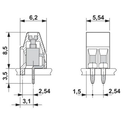 Phoenix Contact MPT 0.5/2-2.54 Series PCB Terminal, 2-Contact, 2.54mm Pitch, Through Hole Mount, 1-Row, Screw