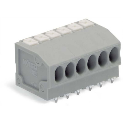 Wago 805 Series PCB Terminal Block, 5-Contact, 3.5mm Pitch, PCB Mount, 1-Row, Push-In Cage Clamp Termination