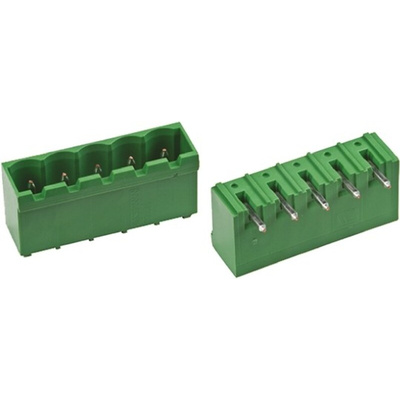 TE Connectivity 5.08mm Pitch 5 Way Right Angle Pluggable Terminal Block, Header, Through Hole, Solder Termination
