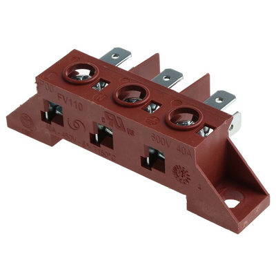 RS PRO Non-Fused Terminal Block, 3-Way, 40A, 22 → 8 AWG Wire, Screw Down Termination