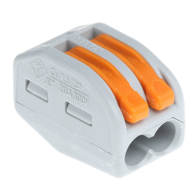 Wago 222 Series Lever Connector, 2-Way, 32A, 28 → 12 AWG Wire, Cage Clamp Termination