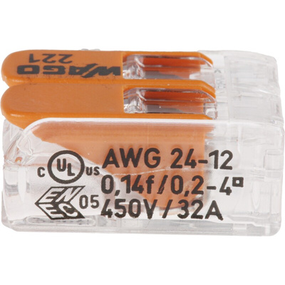 Wago 221 Series Lever Connector, 2-Way, 32A, 24 → 12 AWG Wire, Cage Clamp Termination