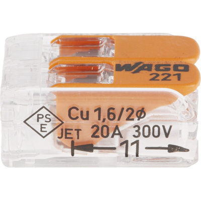 Wago 221 Series Lever Connector, 2-Way, 32A, 24 → 12 AWG Wire, Cage Clamp Termination