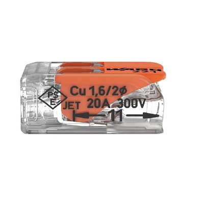 Wago 221 Series Lever Connector, 2-Way, 32A, 24 → 12 AWG Wire, Cage Clamp Termination