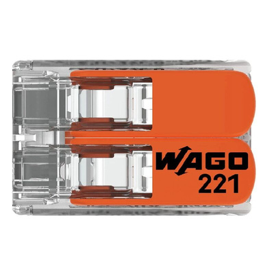 Wago 221 Series Lever Connector, 2-Way, 32A, 24 → 12 AWG Wire, Cage Clamp Termination
