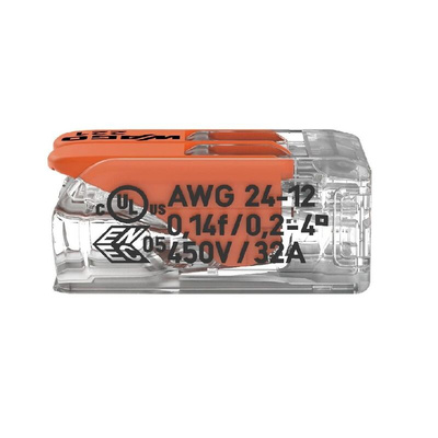 Wago 221 Series Lever Connector, 2-Way, 32A, 24 → 12 AWG Wire, Cage Clamp Termination