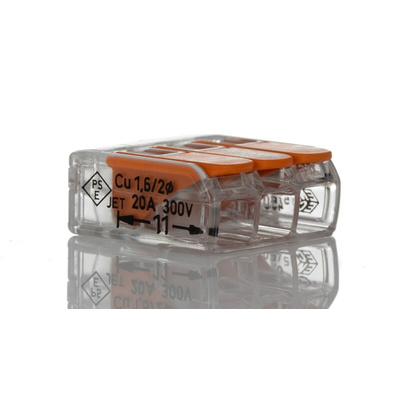 Wago 221 Series Lever Connector, 3-Way, 32A, 24 → 12 AWG Wire, Cage Clamp Termination