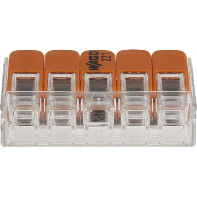 Wago 221 Series Lever Connector, 5-Way, 32A, 24 → 12 AWG Wire, Cage Clamp Termination