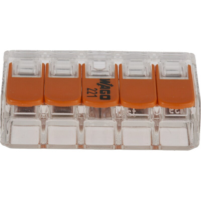Wago 221 Series Lever Connector, 5-Way, 32A, 24 → 12 AWG Wire, Cage Clamp Termination
