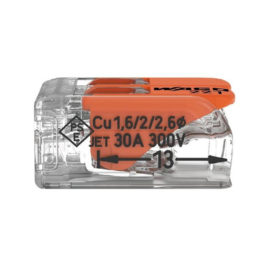 Wago 221 Series Lever Connector, 2-Way, 41A, 20 → 10 AWG Wire, Cage Clamp Termination