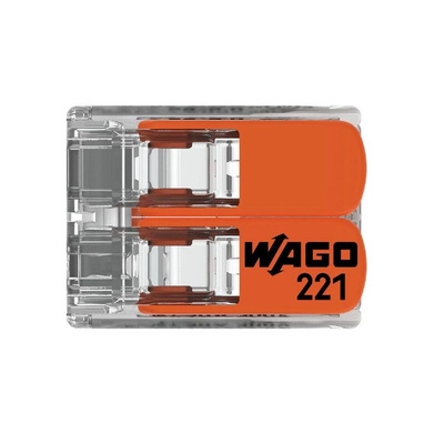 Wago 221 Series Lever Connector, 2-Way, 41A, 20 → 10 AWG Wire, Cage Clamp Termination