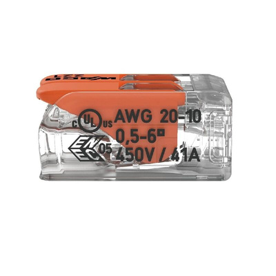 Wago 221 Series Lever Connector, 2-Way, 41A, 20 → 10 AWG Wire, Cage Clamp Termination