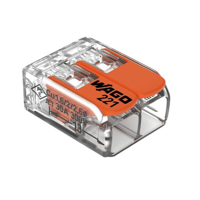Wago 221 Series Lever Connector, 2-Way, 41A, 20 → 10 AWG Wire, Cage Clamp Termination