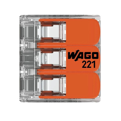 Wago 221 Series Lever Connector, 3-Way, 41A, 20 → 10 AWG Wire, Cage Clamp Termination