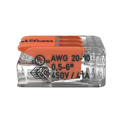 Wago 221 Series Lever Connector, 3-Way, 41A, 20 → 10 AWG Wire, Cage Clamp Termination