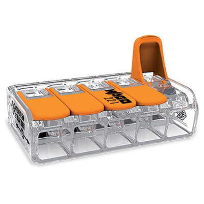 Wago 221 Series Lever Connector, 5-Way, 41A, 20 → 10 AWG Wire, Cage Clamp Termination