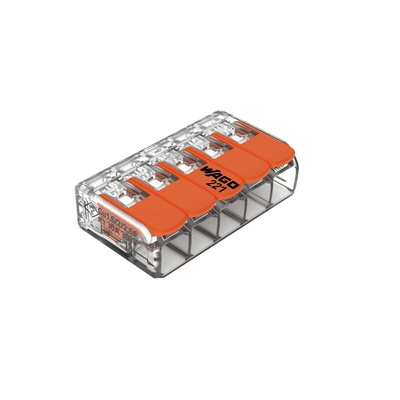 Wago 221 Series Lever Connector, 5-Way, 41A, 20 → 10 AWG Wire, Cage Clamp Termination