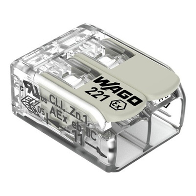 Wago 221 Series Connector, 2-Way, 20A, 24 → 12 AWG Wire, Plug In Termination