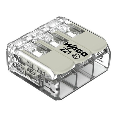 Wago 221 Series Connector, 3-Way, 32A, 24 → 12 AWG Wire, Cage Clamp Termination