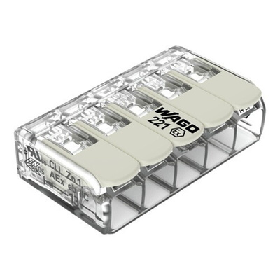 Wago 221 Series Connector, 5-Way, 30A, 10 AWG Wire, Plug In Termination