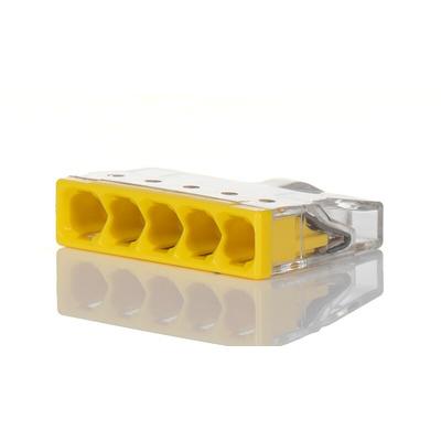 Wago 2273 COMPACT PUSH WIRE Series Junction Box Connector, 5-Way, 24A, 20 → 16 AWG Wire, Push-In Termination