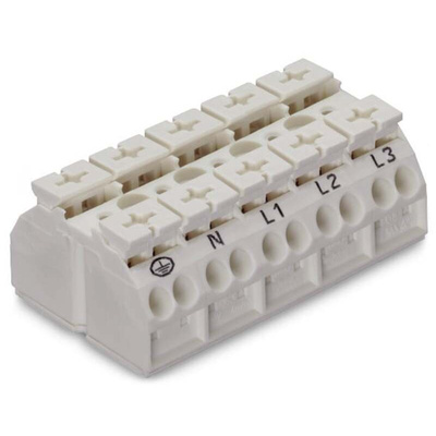 Wago 862 Series Terminal Strip, 5-Way, 28A, 20 → 12 AWG Wire, Push-In Cage Clamp Termination