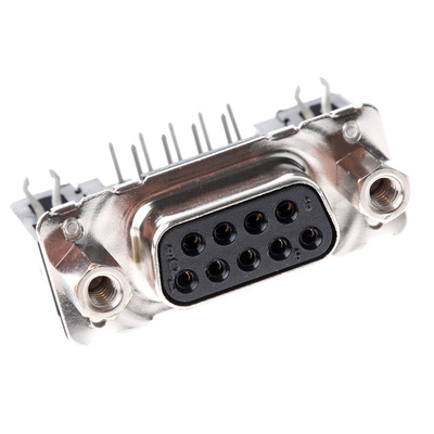 Harting 9 Way Right Angle Through Hole D-sub Connector Socket, 2.74mm Pitch, with 4-40 UNC Female Screwlocks, Boardlocks