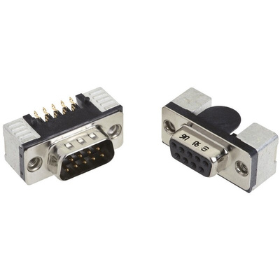 Harting D-Sub Standard 9 Way Right Angle SMT D-sub Connector Plug, 2.76mm Pitch, with 4-40 UNC Threaded Inserts,