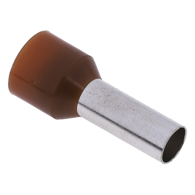 RS PRO Insulated Crimp Bootlace Ferrule, 12mm Pin Length, 4.9mm Pin Diameter, 10mm² Wire Size, Brown