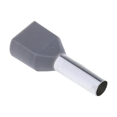 RS PRO Insulated Crimp Bootlace Ferrule, 12mm Pin Length, 3.8mm Pin Diameter, 2 x 4mm² Wire Size, Grey