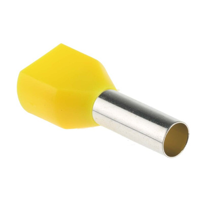 RS PRO Insulated Crimp Bootlace Ferrule, 14mm Pin Length, 4.9mm Pin Diameter, 2 x 6mm² Wire Size, Yellow