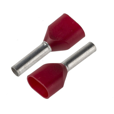 JST, TWE Insulated Crimp Bootlace Ferrule, 8mm Pin Length, 2.3mm Pin Diameter, 2 x 1mm² Wire Size, Red