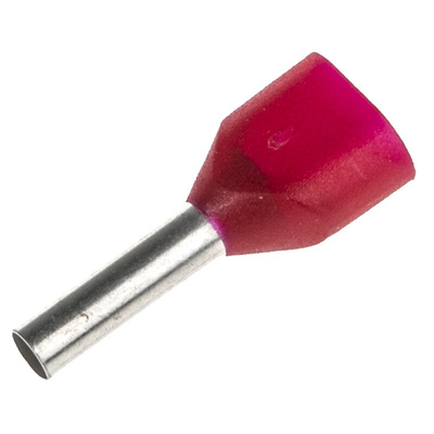Schneider Electric, AZ5DE Insulated Crimp Bootlace Ferrule, 8mm Pin Length, 2.2mm Pin Diameter, 2 x 1mm² Wire Size, Red