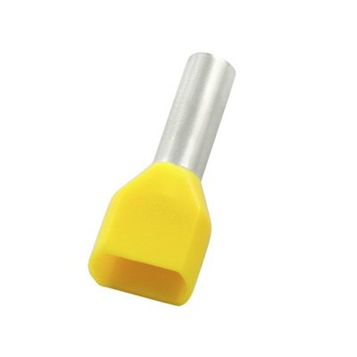RS PRO Insulated Bootlace Ferrule, 8mm Pin Length, 2.4mm Pin Diameter, 2 x 1.0mm² Wire Size, Yellow