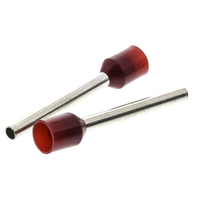 RS PRO Insulated Crimp Bootlace Ferrule, 18mm Pin Length, 2mm Pin Diameter, 1.5mm² Wire Size, Red