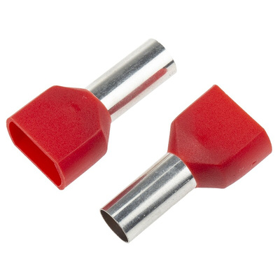 RS PRO Insulated Crimp Bootlace Ferrule, 14mm Pin Length, 6.5mm Pin Diameter, 2 x 10mm² Wire Size, Red