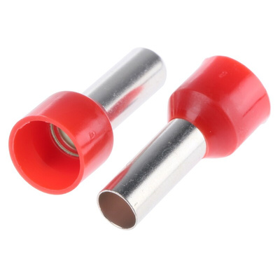 RS PRO Insulated Crimp Bootlace Ferrule, 12mm Pin Length, 4.5mm Pin Diameter, 10mm² Wire Size, Red