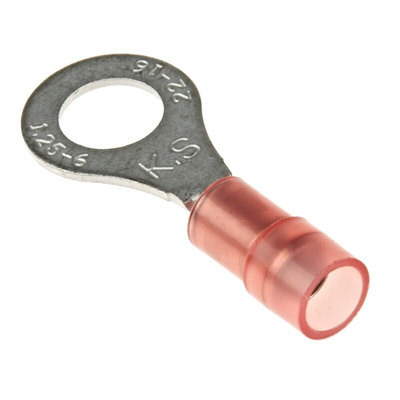 RS PRO Insulated Ring Terminal, M6 (1/4) Stud Size, 0.5mm² to 1.5mm² Wire Size, Red