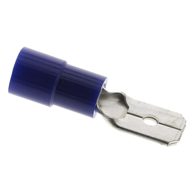 RS PRO Blue Insulated Male Spade Connector, Tab, 0.8 x 6.35mm Tab Size, 1.5mm² to 2.5mm²